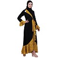 Designer abaya with  printed frills- Black-Mustard